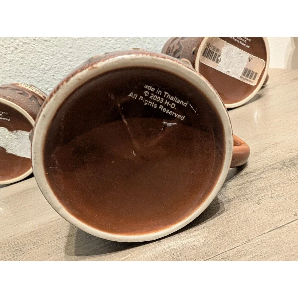 Harley Davidson Mug Lot of 3 2003 Brown 3D Embossed Faux Leather Motorcycle Vtg